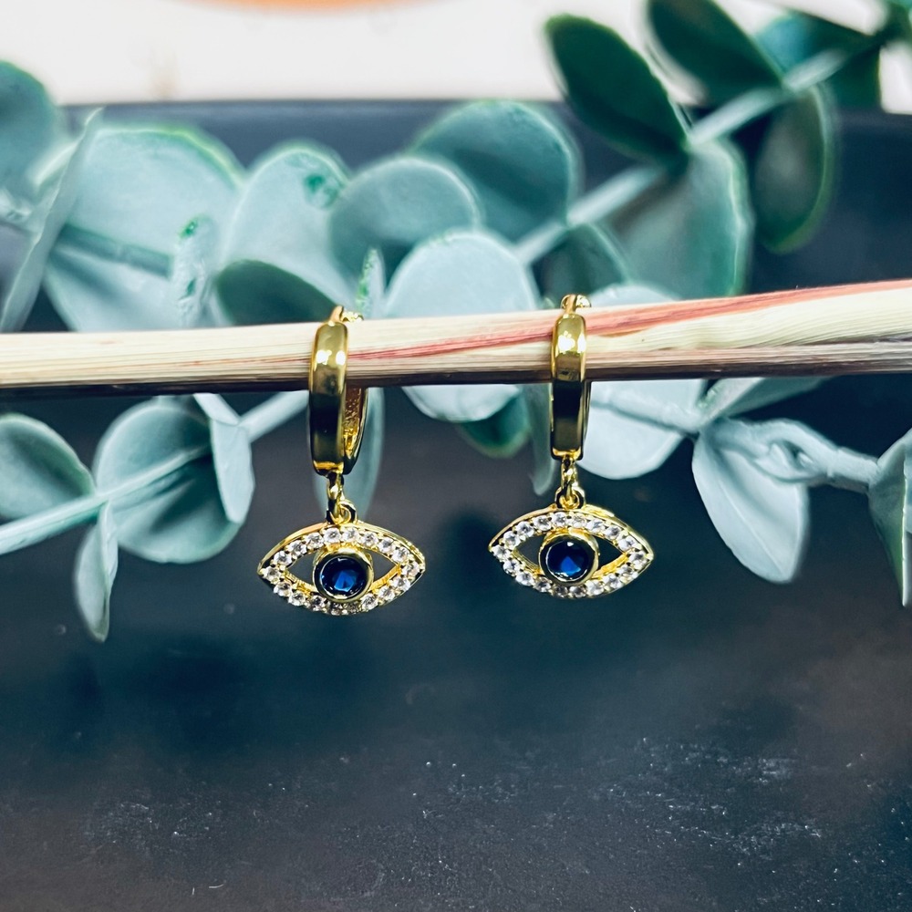 Gold Evil Eye Hoop Earrings Blue‎ CZ | Protection Symbol Dangle | Boho Witchy